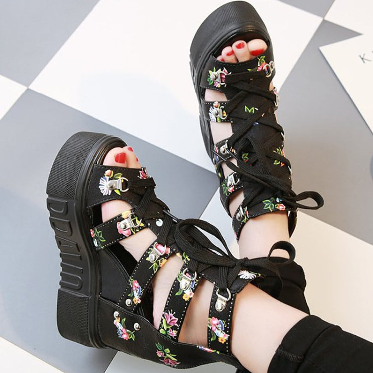 Summer Roman Sandals High Heel Floral Printed Cross Strap Women Shoes, 36, 37, 38, 39, 40, 41, 42