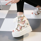 Summer Roman Sandals High Heel Floral Printed Cross Strap Women Shoes, 36, 37, 38, 39, 40, 41, 42