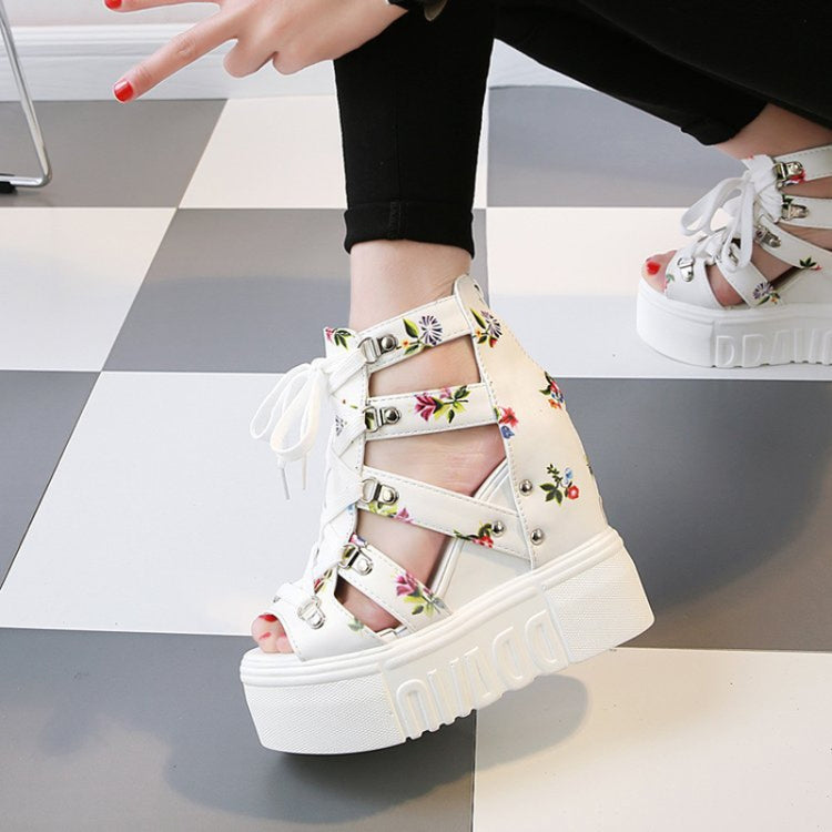 Summer Roman Sandals High Heel Floral Printed Cross Strap Women Shoes, 36, 37, 38, 39, 40, 41, 42