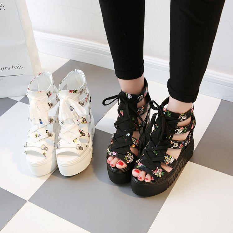 Summer Roman Sandals High Heel Floral Printed Cross Strap Women Shoes, 36, 37, 38, 39, 40, 41, 42