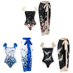 Retro Pattern One-Piece Hot Spring Outdoor Swimsuit Set, S, M, L, XL