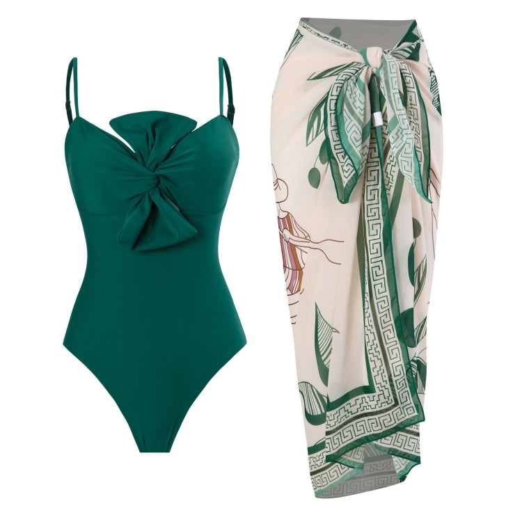 Bow-knot Solid Color One-Piece Swimsuit Retro Belly-covering Slimming Swimsuit, S, M, L, XL