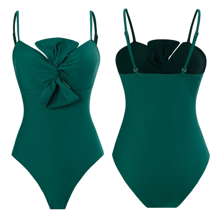 Bow-knot Solid Color One-Piece Swimsuit Retro Belly-covering Slimming Swimsuit, S, M, L, XL