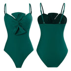 Bow-knot Solid Color One-Piece Swimsuit Retro Belly-covering Slimming Swimsuit, S, M, L, XL