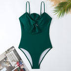 Bow-knot Solid Color One-Piece Swimsuit Retro Belly-covering Slimming Swimsuit, S, M, L, XL