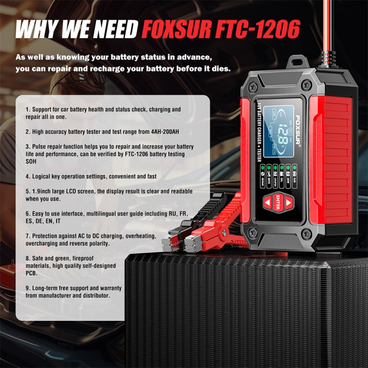 FOXSUR Cars Motorcycles 12V Lithium Cattery Charger With Battery Detection, US Plug, EU Plug, UK Plug, AU Plug, JP Plug