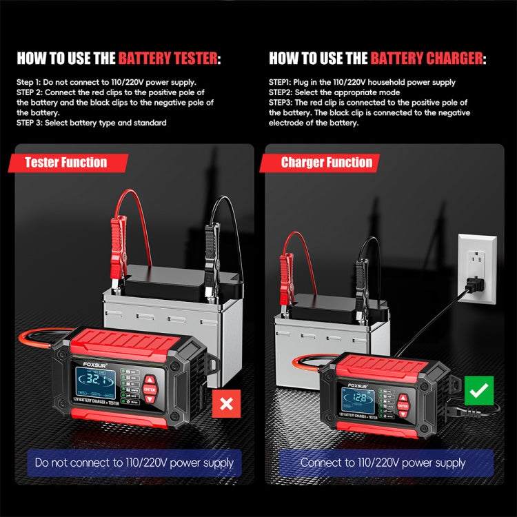 FOXSUR Cars Motorcycles 12V Lithium Cattery Charger With Battery Detection, US Plug, EU Plug, UK Plug, AU Plug, JP Plug