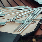 AOTU AT6471 12pcs /Set Outdoor 304 Stainless Steel Camping Cutlery Set With Storage Bag, With Chopsticks Khaki, With Dinner Knife Mud Color