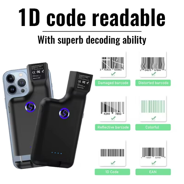1D Bluetooth Barcode Scanner Wireless Back Clip Phone Barcode Reader, 1D 2D