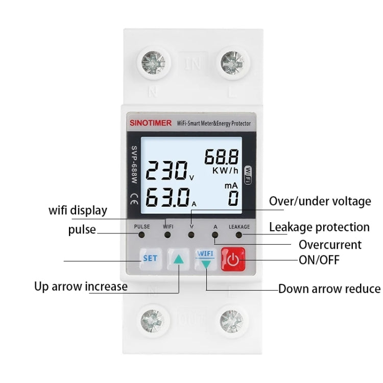 TUYA APP WiFi Smart Circuit Breaker Over Under Voltage Protector, SINOTIMER SVP-688W-L, SINOTIMER SVP-688W