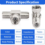 F Type Splitter 3 Way Connector F Male To Dual F Female Coaxial Connector Adapter, F Male To Dual F Female