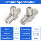 F Type Splitter 3 Way F Female To Dual F Female Coaxial Connector Adapter, F Female To Dual F Female