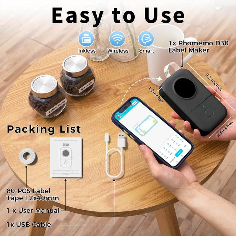 Phomemo D30 Thermal Label Printer Portable Bluetooth Mini Label Maker Machine, With 1 Roll Paper White, With 1 Roll Paper Black, With 1 Roll Paper Gray, With 3 Rolls Paper White, With 3 Rolls Paper Pink, With 3 Rolls Paper Green, With 5 Rolls Paper Whi...