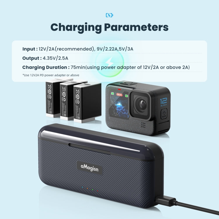 AMagisn Portable Fast Charge Hub For GoPro HERO12 Black / HERO11 Black / HERO10 Black / HERO9 Black, For GoPro HERO12 /11/10/9 AP03
