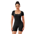 Women Square Neck Tight Quick-drying Yoga Short-sleeved Jumpsuit, S, M, L, XL, XXL