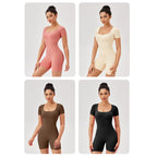 Women Square Neck Tight Quick-drying Yoga Short-sleeved Jumpsuit, S, M, L, XL, XXL