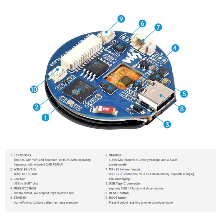 Waveshare 25098 ESP32-S3 1.28-Inch Round Touch LCD Development Board, ESP32-S3