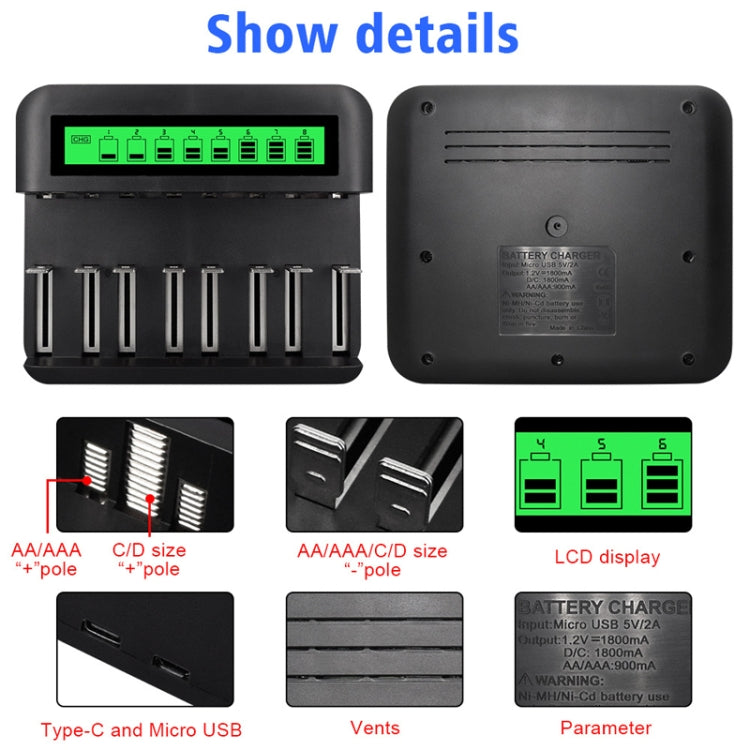 Eight-Slot LCD Multifunctional Battery Charger AA / AAA / C / D Charger, 8 Slots USB