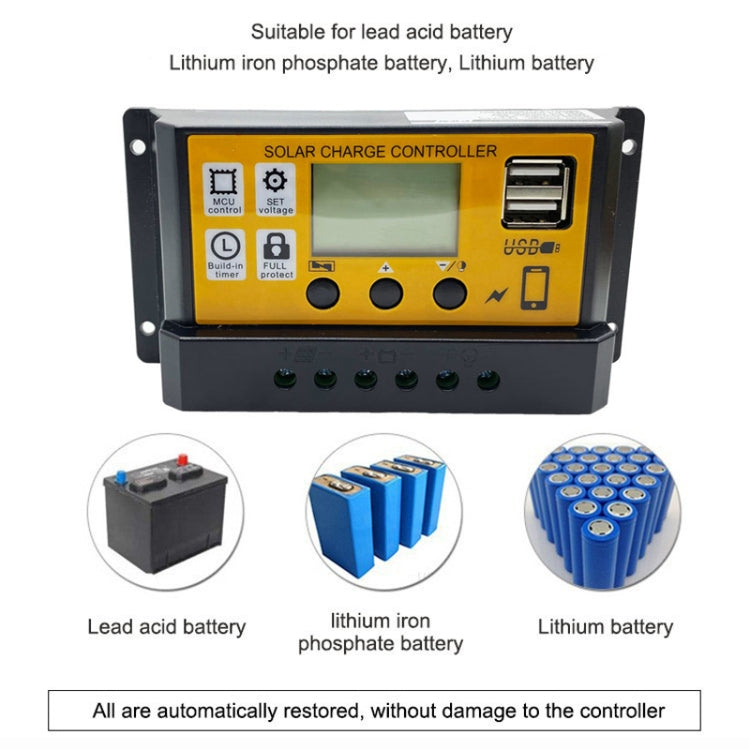 12V/24V Simple Solar Controller Light Time Control Solar Panel Regulator Controller With USB, 10A, 20A, 30A