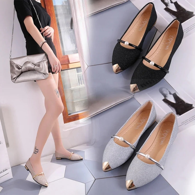 Pearl Women Shoes Shallow Mouth Pointed Toe Flats Heel Shoes, 35, 36, 37, 38, 39, 40