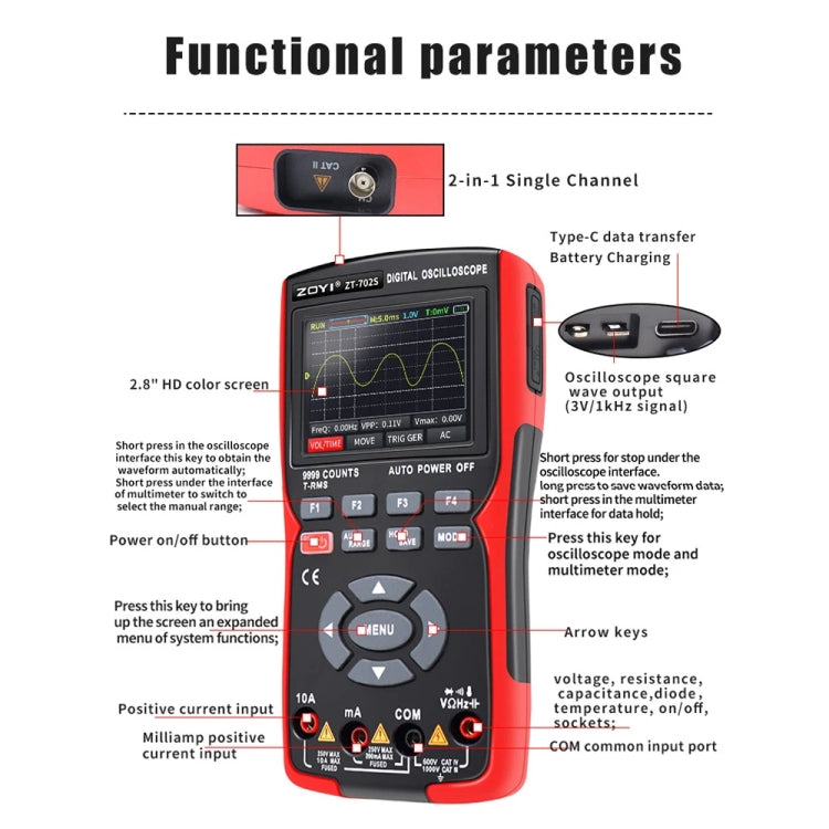ZOYI Color Screen Multifunctional Handheld Digital Oscilloscope Multimeter, ZT702S