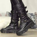 Fall Winter Women Thick Bottom Leather Boots Mid Calf Lace-up Side Zipper Botas, 35, 36, 37, 38, 39, 40, 41, 42, 43