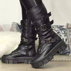 Fall Winter Women Thick Bottom Leather Boots Mid Calf Lace-up Side Zipper Botas, 35, 36, 37, 38, 39, 40, 41, 42, 43
