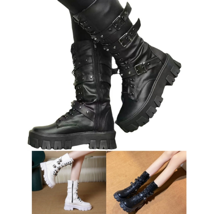 Fall Winter Women Thick Bottom Leather Boots Mid Calf Lace-up Side Zipper Botas, 35, 36, 37, 38, 39, 40, 41, 42, 43