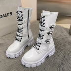 Fall Winter Women Thick Bottom Leather Boots Mid Calf Lace-up Side Zipper Botas, 35, 36, 37, 38, 39, 40, 41, 42, 43