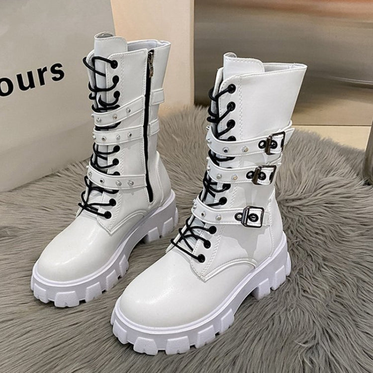 Fall Winter Women Thick Bottom Leather Boots Mid Calf Lace-up Side Zipper Botas, 35, 36, 37, 38, 39, 40, 41, 42, 43