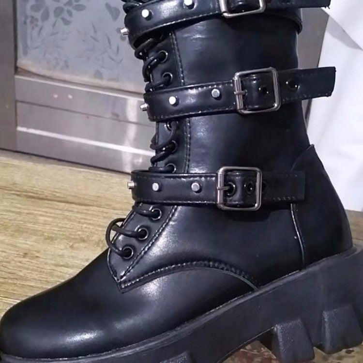 Fall Winter Women Thick Bottom Leather Boots Mid Calf Lace-up Side Zipper Botas, 35, 36, 37, 38, 39, 40, 41, 42, 43