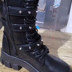 Fall Winter Women Thick Bottom Leather Boots Mid Calf Lace-up Side Zipper Botas, 35, 36, 37, 38, 39, 40, 41, 42, 43