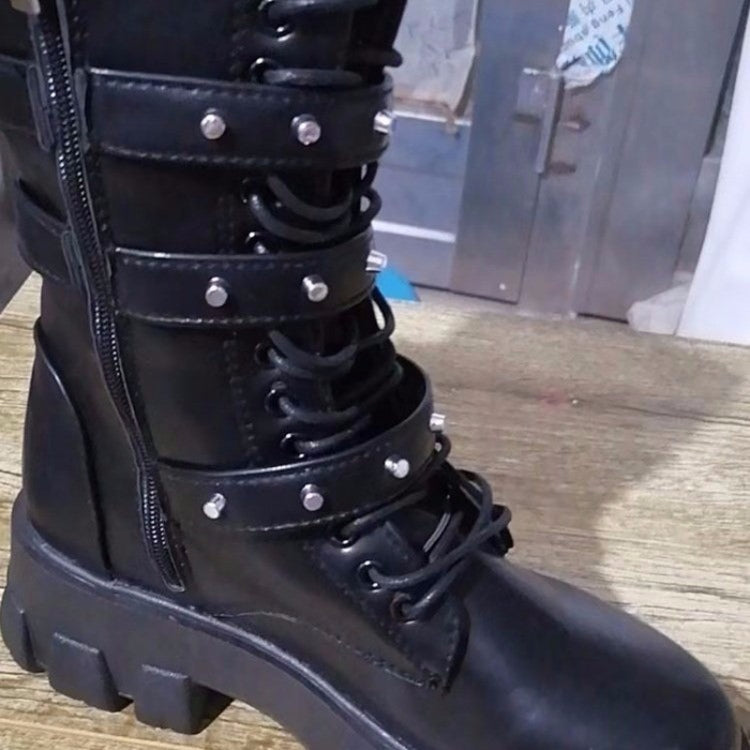 Fall Winter Women Thick Bottom Leather Boots Mid Calf Lace-up Side Zipper Botas, 35, 36, 37, 38, 39, 40, 41, 42, 43