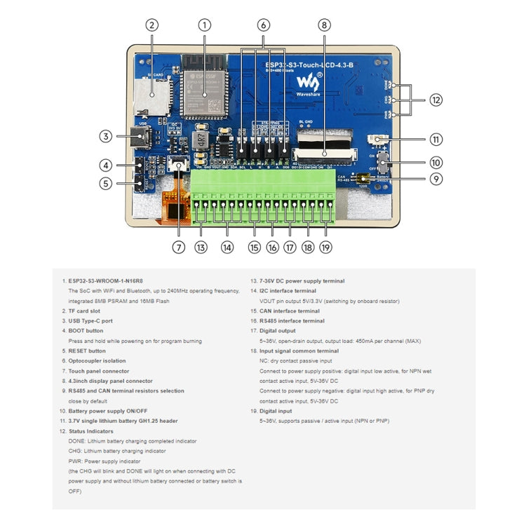 Waveshare ESP32-S3 4.3inch 800×480 Touch LCD Development Board, 4.3-inch without Case, 4.3-inch with Case