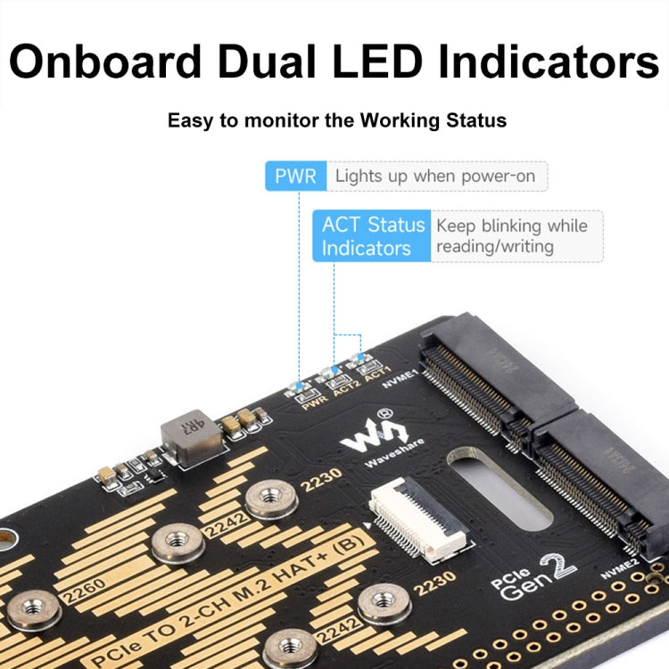 Waveshare For Raspberry Pi 5 PCIe To 2-Ch M.2 Adapter Type B NVMe Protocol, 27710