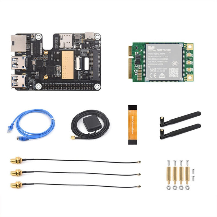 Waveshare For Raspberry Pi 5 PCIe to MiniPCIe / Gigabit Ethernet / USB 3.2 Gen1 HAT, No Accessories, SIM7600G-H, EG25-G