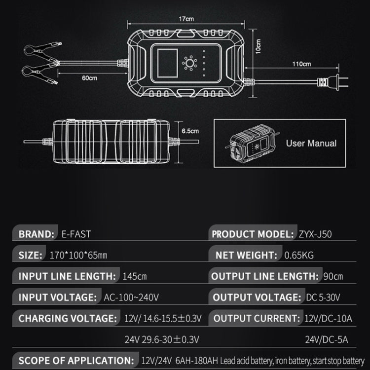 ANHTCzyx 12V/24V 6-180AH 7-Stage Smart Car Motorcycle Battery Charger, EU Plug, US Plug, UK Plug, AU Plug