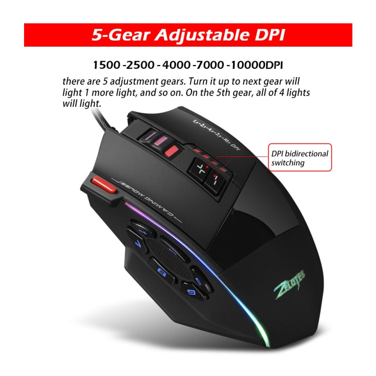 ZELOTES C13 13-keys RGB Lighting Effect Programming Macro Custom Gaming Wired Mouse, C13