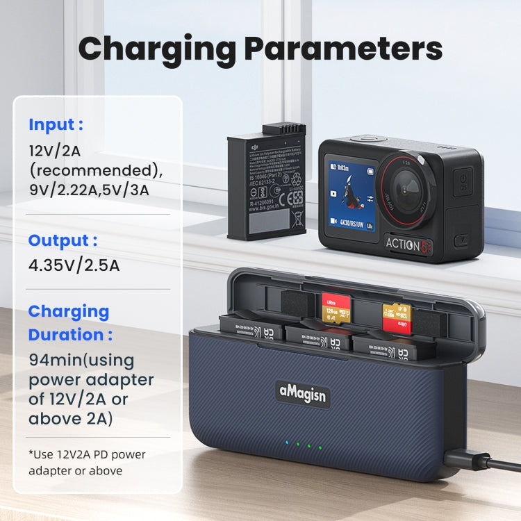 For DJI Osmo 360/Action 5 Pro aMagisn Battery Charger Fast Charging Box Storage Compartment, AA19