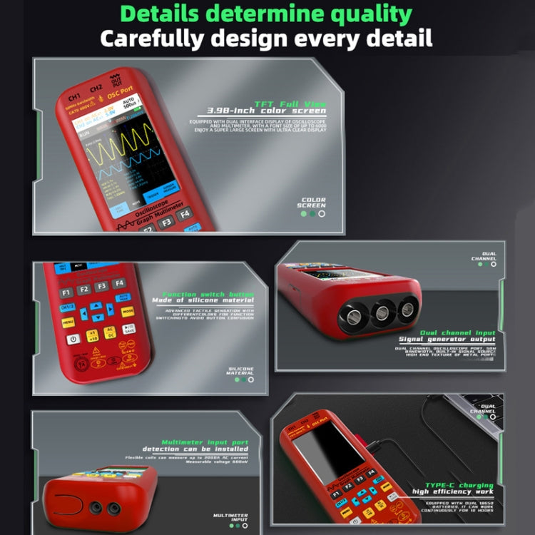 BSIDE O9 Digital Handheld Dual Channel 50MHz Oscilloscope Signal Source Multimeter, With Single Oscilloscope Probe (Red), With Dual Oscilloscope Probe (Red)