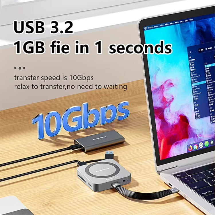 Blueendless 8-In-1 Magnetic HUB With M.2 NVMe/SATA SSD Enclosure (HDMI+PD100W+USB-C/Type-C 3.2+USB-A 3.2+SD+TF+AUX), MC906