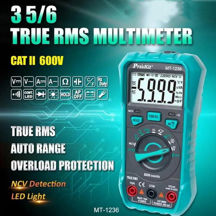 ProsKit MT-1236-C 3-5/6 True-RMS Digital Multimeter For ACA, ACV, DCA, DCV, Frequency, Cycle Duty, Diode Test, MT-1236-C