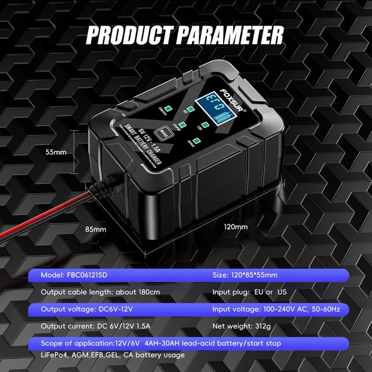 FOXSUR 6V/12V 1.5A Lawn Mower Motorcycle Lead Acid Battery SAE Plug Charger, US Plug, EU Plug