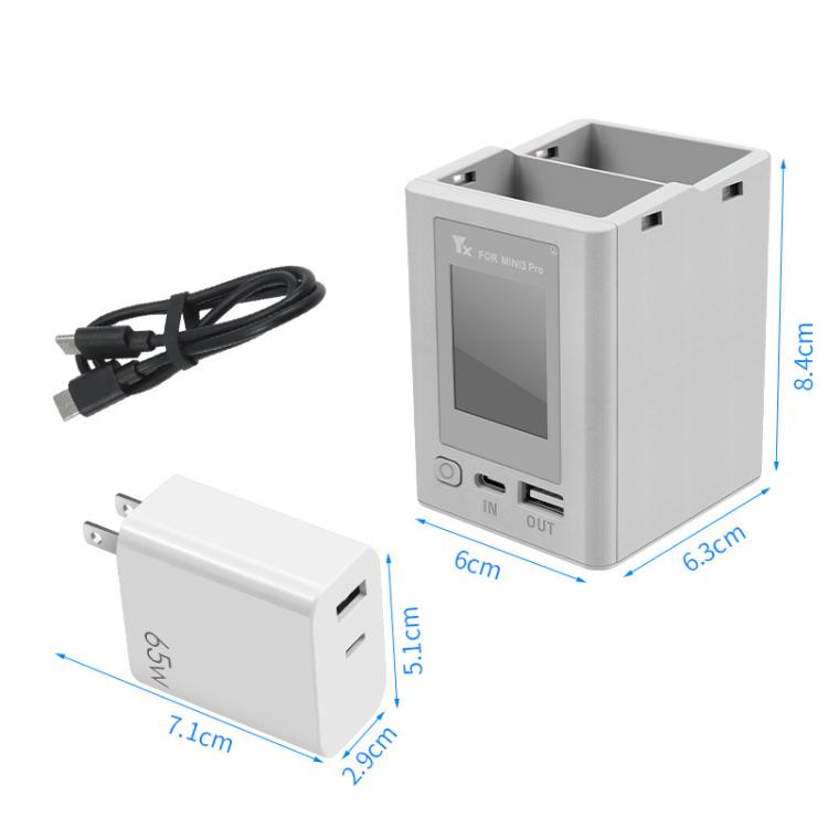 For DJI Mini 4 Pro / Mini 3 Pro / Mini 3 YX Color Screen Dual-way Charger Battery Manager, Without Plug, With 65W US Plug, With 65W EU Plug