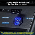 Kewig P22A 12-24V Vehicle Motorcycle Boat Modified Dual PD+QC3.0 3-Port Car Charger With Switch, With Terminal