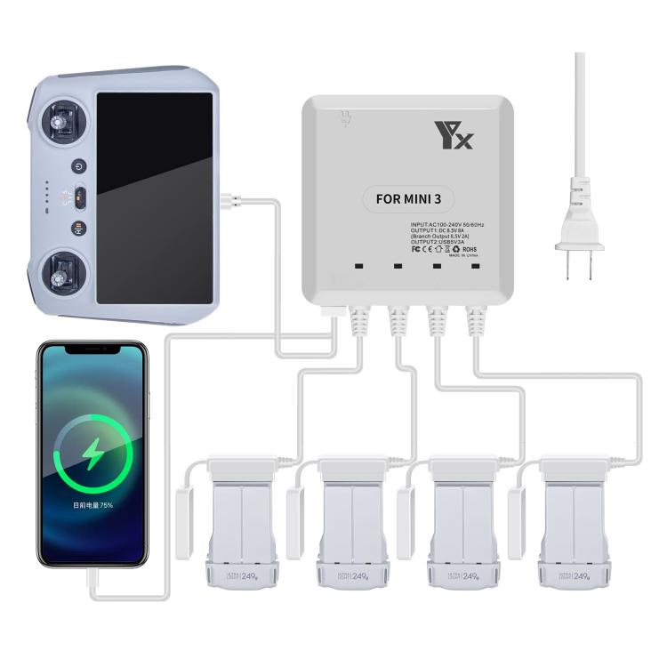 For DJI Mini 4 Pro / Mini 3 Pro / Mini 3 Drone YX 4-way Charger Battery Butler, US Plug, EU Plug, UK Plug, AU Plug