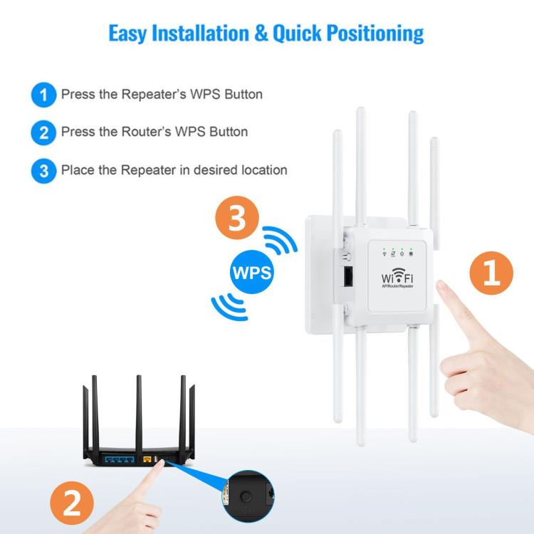 U18 1200Mbps 2.4G & 5G  Wireless Repeater WiFi Signal Amplifier With 8 Antenna, US Plug Black, EU Plug Black, US Plug White, EU Plug White