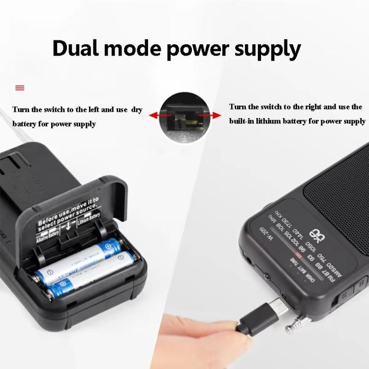 W-209 Mini Portable Rechargeable / Battery Dual-mode Powered Pointer FM Radio with Flashlight