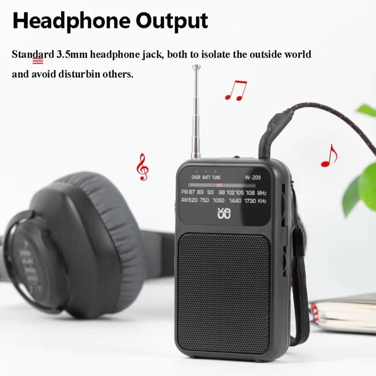 W-209 Mini Portable Rechargeable / Battery Dual-mode Powered Pointer FM Radio with Flashlight