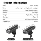 WEST BIKING Bicycle Waterproof TYPE-C Rechargeable High-Brightness Headlight, Regular, Digital Battery Display